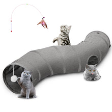 Load image into Gallery viewer, Ownpets S-Shape Cat Tunnel Toy 48"L x 10"D, for Cats, Puppies & Small Pets Collapsible for storage, tear-resistant oxford fabric, connects to other tunnel, with peek hole, feather wand, indoor/outdoor
