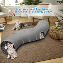 Load image into Gallery viewer, Ownpets S-Shape Cat Tunnel Toy 48"L x 10"D, for Cats, Puppies & Small Pets Collapsible for storage, tear-resistant oxford fabric, connects to other tunnel, with peek hole, feather wand, indoor/outdoor