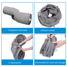 Load image into Gallery viewer, Ownpets S-Shape Cat Tunnel Toy 48"L x 10"D, for Cats, Puppies & Small Pets Collapsible for storage, tear-resistant oxford fabric, connects to other tunnel, with peek hole, feather wand, indoor/outdoor