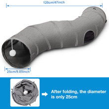 Load image into Gallery viewer, Ownpets S-Shape Cat Tunnel Toy 48"L x 10"D, for Cats, Puppies & Small Pets Collapsible for storage, tear-resistant oxford fabric, connects to other tunnel, with peek hole, feather wand, indoor/outdoor