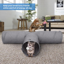 Cargar imagen en el visor de la galería, Ownpets 12" Large Cat Tunnel 3-Way T-Shape Oxford Fabric for Large Cat Silent oxford fabric no noise, expandable 3-channel design, with plush ball ,feather wand, peek hole, for multi-cat household