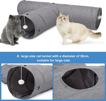 Cargar imagen en el visor de la galería, Ownpets 12" Large Cat Tunnel 3-Way T-Shape Oxford Fabric for Large Cat Silent oxford fabric no noise, expandable 3-channel design, with plush ball ,feather wand, peek hole, for multi-cat household