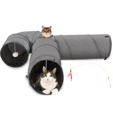 Charger l'image dans la galerie, Ownpets 12" Large Cat Tunnel 3-Way U-Shape Oxford Fabric for Large Cat Silent oxford fabric no noise, expandable 3-channel design, with plush ball ,feather wand, peek hole, for multi-cat household