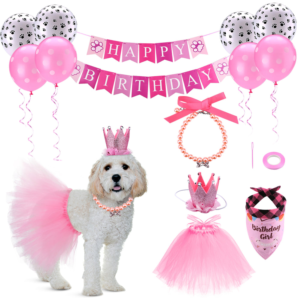 Ownpets Cute Dog Birthday Outfit Set, Princess Puppy Tutu Skirt with Pink Crown, Pearl Necklace, Double Sided Saliva Towel & Birthday Banner for Puppy, Dog, Cat Girl Birthday Parties
