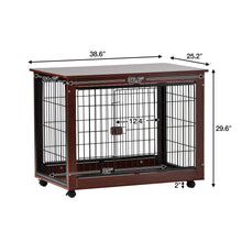 Load image into Gallery viewer, 39&#39; Length Furniture Style Pet Dog Crate Cage End Table with Wooden Structure and Iron Wire and Lockable Caters, Medium and Large Dog House Indoor Use.
