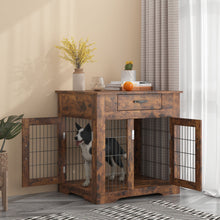 Load image into Gallery viewer, Furniture Style Dog Crate End Table with Drawer;  Pet Kennels with Double Doors;  Dog House Indoor Use; Rustic brown.
