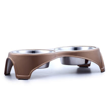 Load image into Gallery viewer, Plastic Framed Double Diner Pet Bowl in Stainless Steel; Large; Gold and Silver
