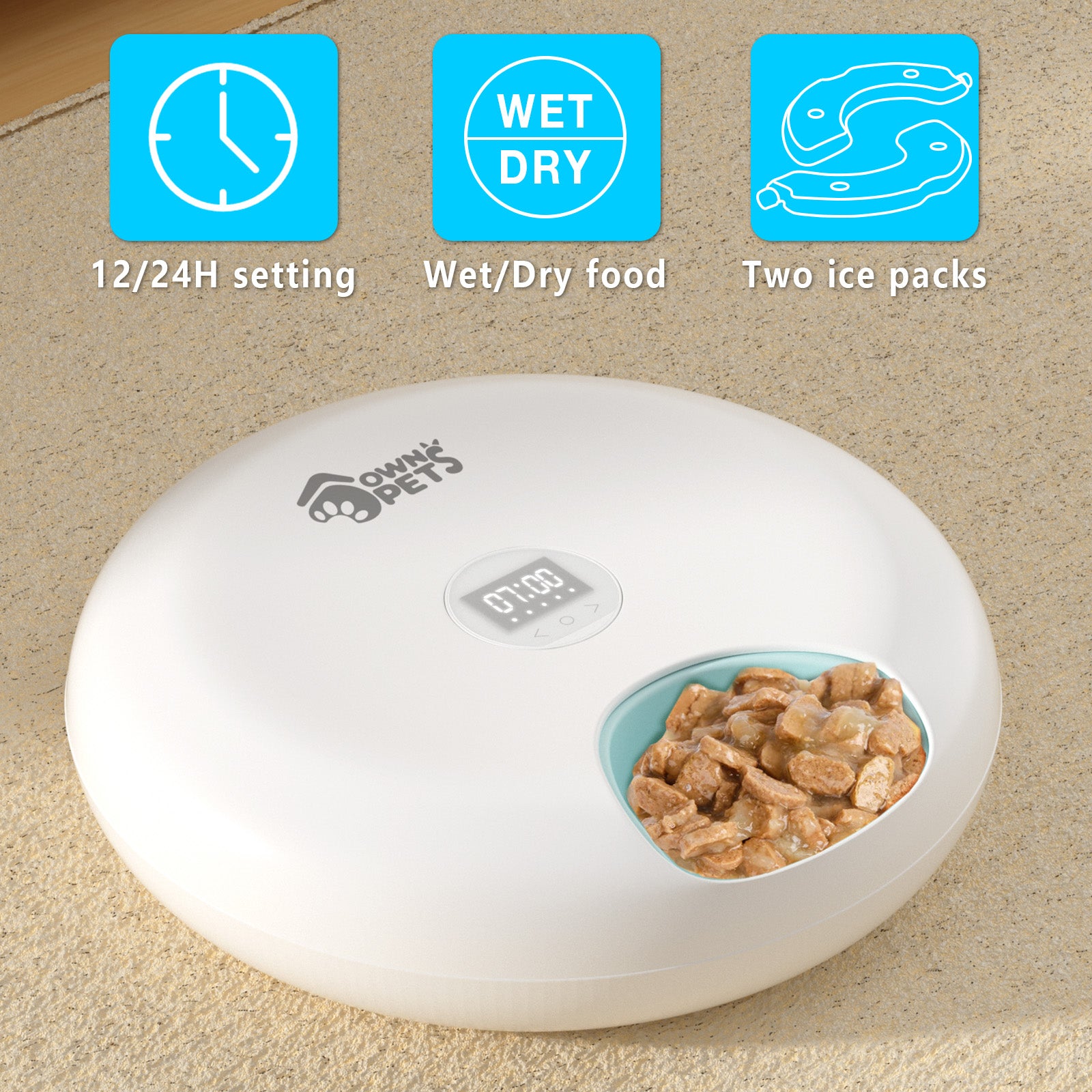 Ownpets 6 Meals Automatic Cat Feeder for Wet/Dry Food, with 2 Ice Packs