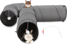 Load image into Gallery viewer, Ownpets 12" Large Cat Tunnel 3-Way U-Shape Oxford Fabric for Large Cat Silent oxford fabric no noise, expandable 3-channel design, with plush ball ,feather wand, peek hole, for multi-cat household
