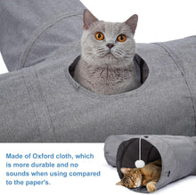 Cargar imagen en el visor de la galería, Ownpets 12" Large Cat Tunnel 3-Way T-Shape Oxford Fabric for Large Cat Silent oxford fabric no noise, expandable 3-channel design, with plush ball ,feather wand, peek hole, for multi-cat household
