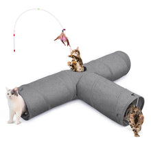 Lade das Bild in den Galerie-Viewer, Ownpets 12" Large Cat Tunnel 3-Way T-Shape Oxford Fabric for Large Cat Silent oxford fabric no noise, expandable 3-channel design, with plush ball ,feather wand, peek hole, for multi-cat household
