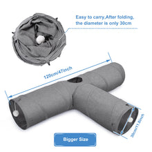 Lade das Bild in den Galerie-Viewer, Ownpets 12" Large Cat Tunnel 3-Way T-Shape Oxford Fabric for Large Cat Silent oxford fabric no noise, expandable 3-channel design, with plush ball ,feather wand, peek hole, for multi-cat household
