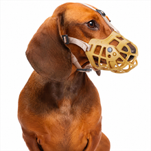 Cargar imagen en el visor de la galería, Ownpets Silicone Basket Muzzle, Adjustable with Movable Cover, Beige, M Easy to clean silicone, movable cover prevents scavenging, allows drinking when open, adjustable fit
