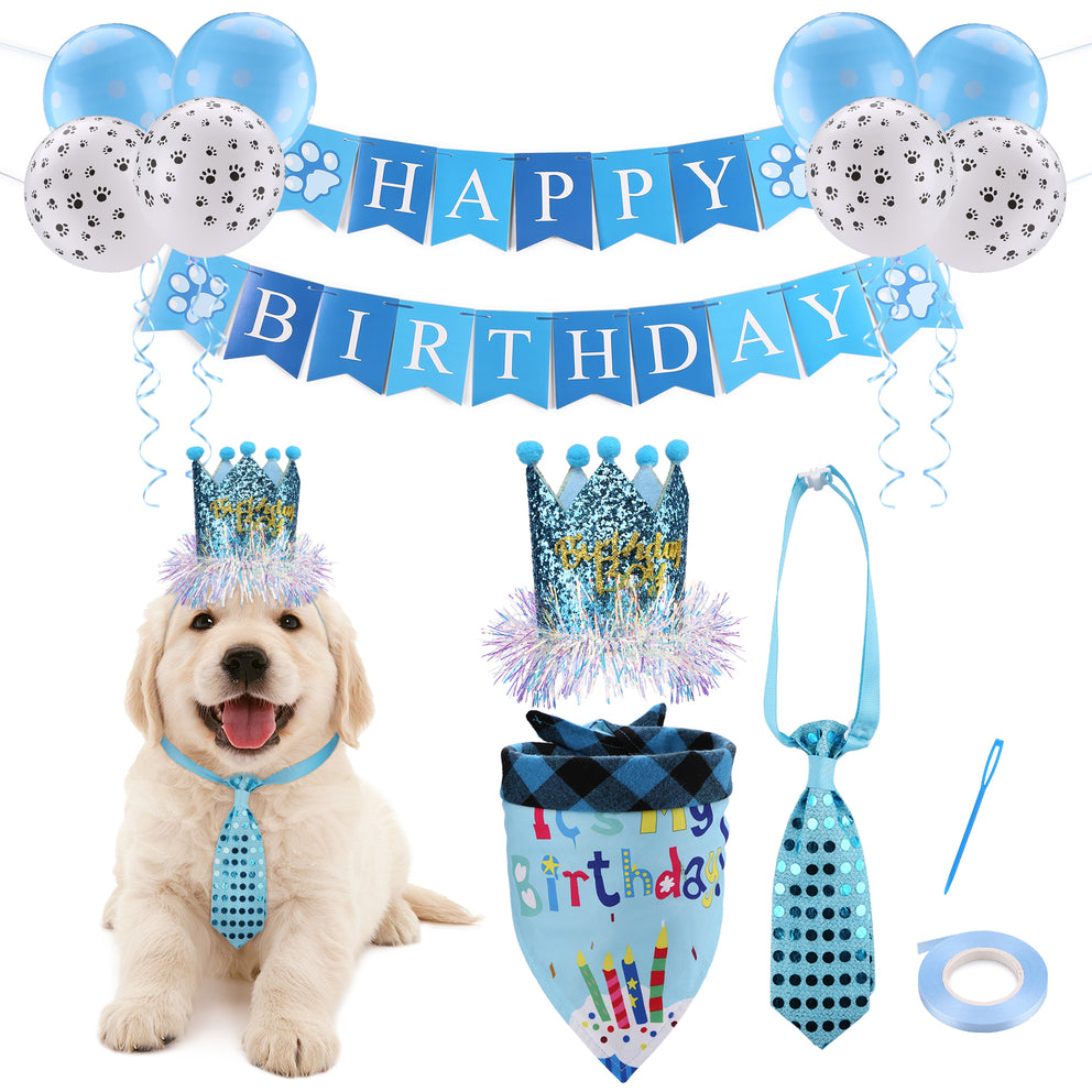 Ownpets Dog Birthday Outfit Set, Shinning Dog Bow Tie with Prince Crown & Double Sided Saliva Towel, Birthday Banner & Paw Print Balloons for Pet Puppy Dog Cat Boy Birthday Parties