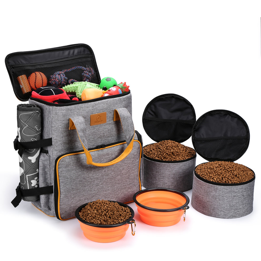 Hunde-Reisetasche, Ownpets Reisetasche zum Tragen von Hundesachen, für Hunde mit Multifunktionstaschen, 2 Hundefutter-Tragetaschen und 2 zusammenklappbaren Futternäpfen, Airline-zugelassene Haustier-Reisetasche mit integriertem Abfallbeutelspender