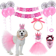 Lade das Bild in den Galerie-Viewer, Ownpets Niedliches Hunde-Geburtstags-Outfit-Set, Prinzessinnen-Welpen-Tutu-Rock mit rosa Krone, Perlenkette, doppelseitigem Speichel-Handtuch und Geburtstagsbanner für Welpen-, Hunde- und Katzenmädchen-Geburtstagsfeiern
