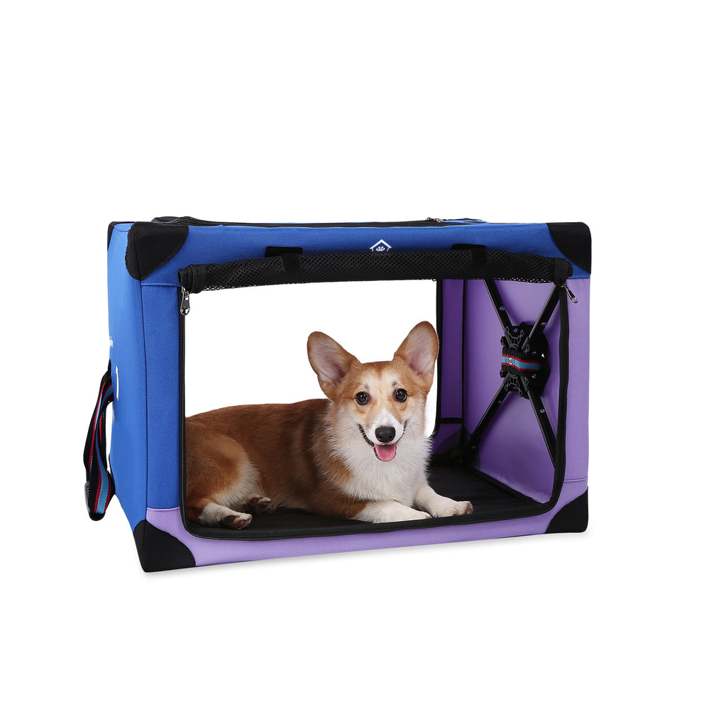 3 Doors Soft Collapsible Dog Crate Dog Kennel, Blue & Purple, M