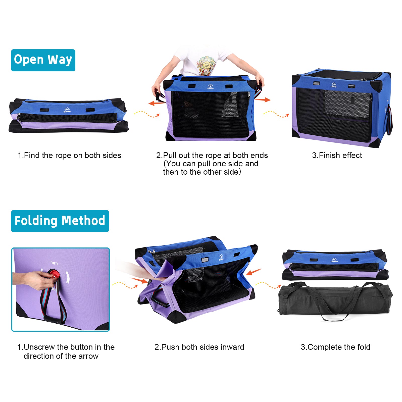 Ownpets Large 3 Doors Soft Collapsible Dog Crate Dog Kennel, Blue & Purple