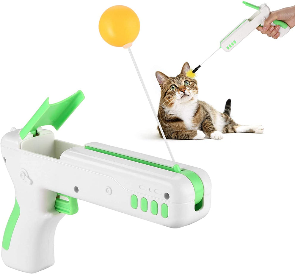 Ownpets Cat Toy Gun, Interactive Cat Toy Gun Shape Toy with Ball & Feather - Green