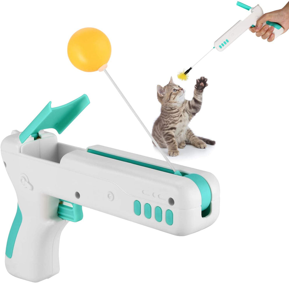 Ownpets Katzenspielzeugpistole, Interaktives Katzenspielzeugpistolenformspielzeug mit Ball und Feder – Blau