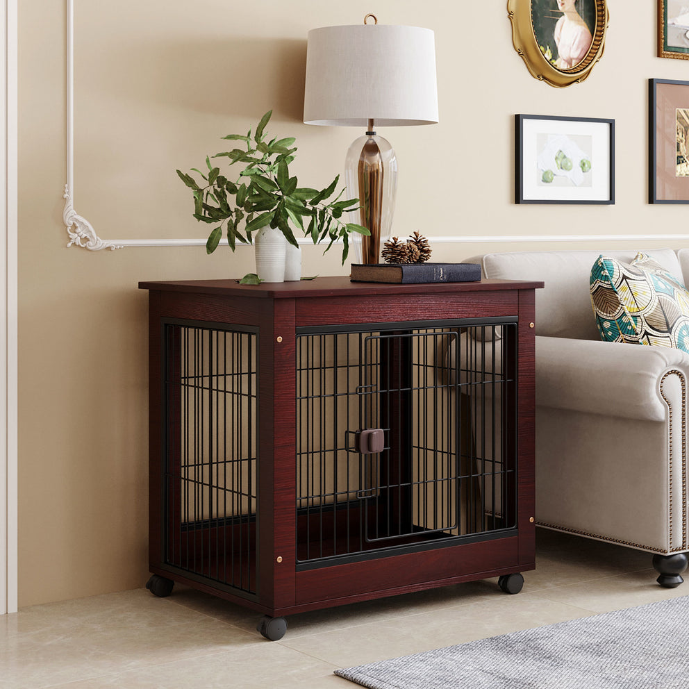 Table d'extrémité de cage pour chien de compagnie de style meuble de 31 pi de longueur avec structure en bois et fil de fer et chats verrouillables, niche pour chien de taille moyenne à utiliser à l'intérieur.
