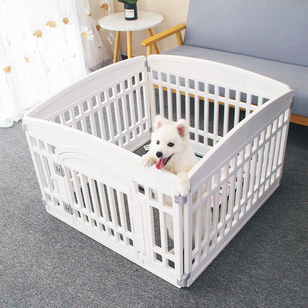 Pet Playpen Foldable Gate for Dogs Heavy Plastic Puppy Exercise Pen with Door Portable Indoor Outdoor Small Pets Fence Puppies Folding Cage 4 Panels Medium Animals House Supplies (33.5x33.5 inches)