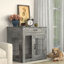 Lade das Bild in den Galerie-Viewer, Hundekäfig-Beistelltisch im Möbelstil mit Schublade, Hundehütte mit Doppeltüren, Hundehütte für den Innenbereich, verwittertes Grau
