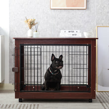 Lade das Bild in den Galerie-Viewer, 39&#39; Länge Möbel Stil Pet Dog Cage Cage Beistelltisch mit Holzstruktur und Eisendraht und abschließbaren Caters, mittlere und große Hundehütte für den Innenbereich.
