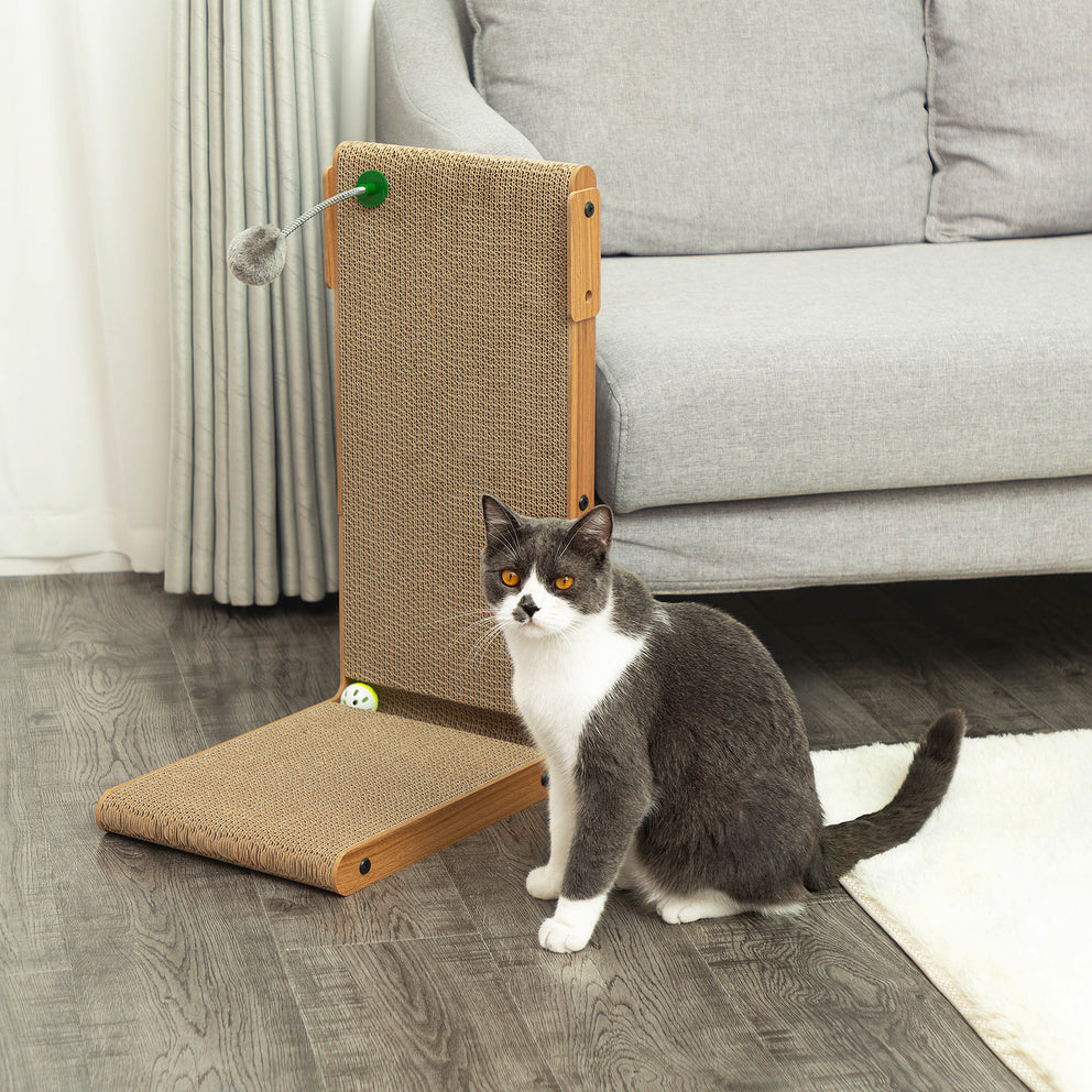 Indoor Cat Scratching Board for Small to Large Cat, Corrugated Board-Covered Cat Scratcher, Cat Scratching Pad with Bell and Built-in Toy