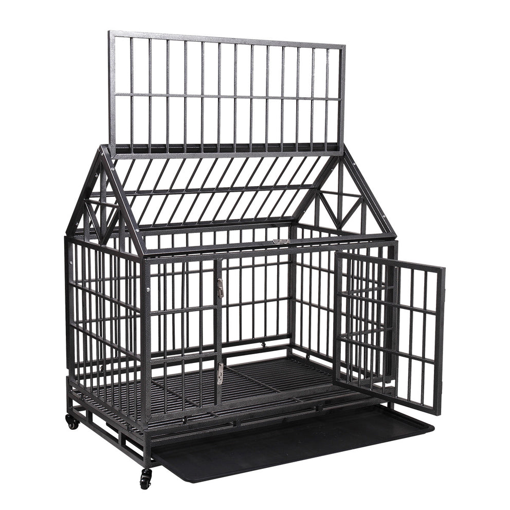 Heavy-Duty Metal Dog Kennel, Pet Cage Crate with Openable Pointed Top and Front Door, 4 Wheels, 42.5