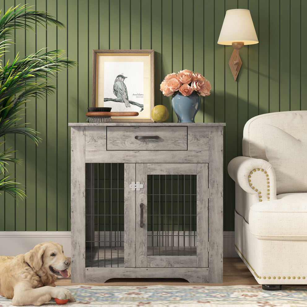 Hundekäfig-Beistelltisch im Möbelstil mit Schublade, Hundehütte mit Doppeltüren, Hundehütte für den Innenbereich, verwittertes Grau