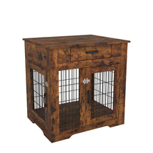 Cargar imagen en el visor de la galería, Furniture Style Dog Crate End Table with Drawer;  Pet Kennels with Double Doors;  Dog House Indoor Use; Rustic brown.
