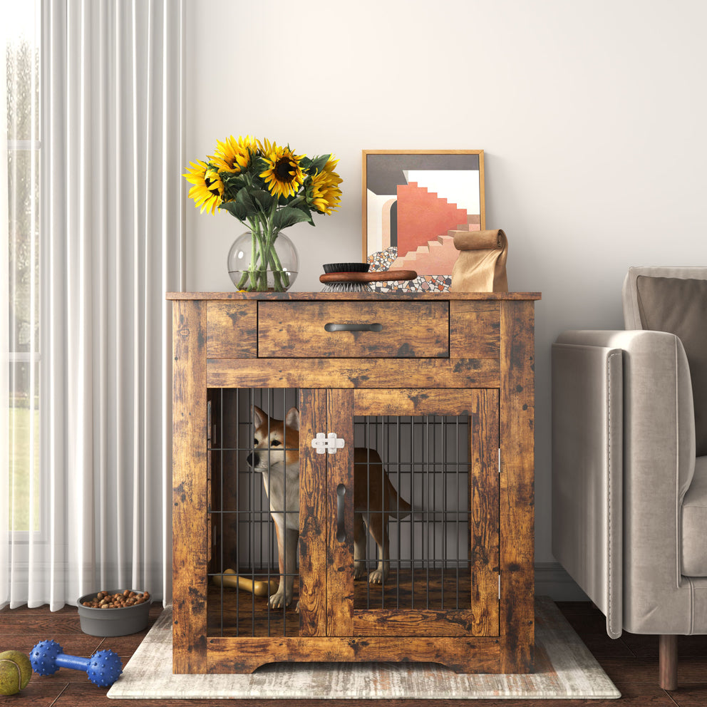 Table d'extrémité de caisse pour chien de style meuble avec tiroir ; Chenils pour animaux de compagnie à double porte ; Utilisation en intérieur pour niche pour chien ; Brun rustique.