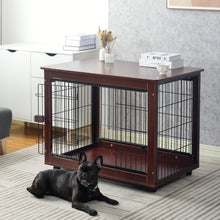 Lade das Bild in den Galerie-Viewer, 39&#39; Länge Möbel Stil Pet Dog Cage Cage Beistelltisch mit Holzstruktur und Eisendraht und abschließbaren Caters, mittlere und große Hundehütte für den Innenbereich.
