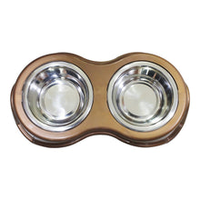 Load image into Gallery viewer, Plastic Framed Double Diner Pet Bowl in Stainless Steel; Large; Gold and Silver
