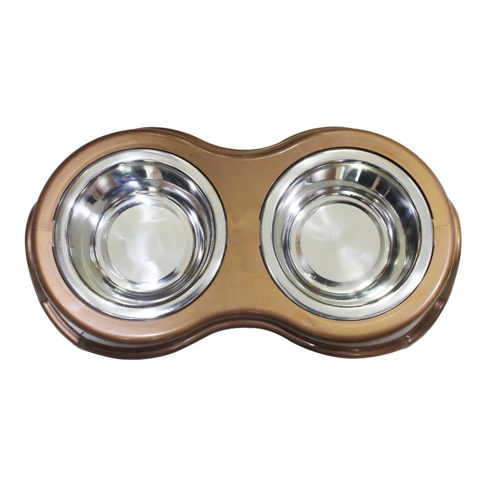 Plastic Framed Double Diner Pet Bowl in Stainless Steel; Large; Gold and Silver
