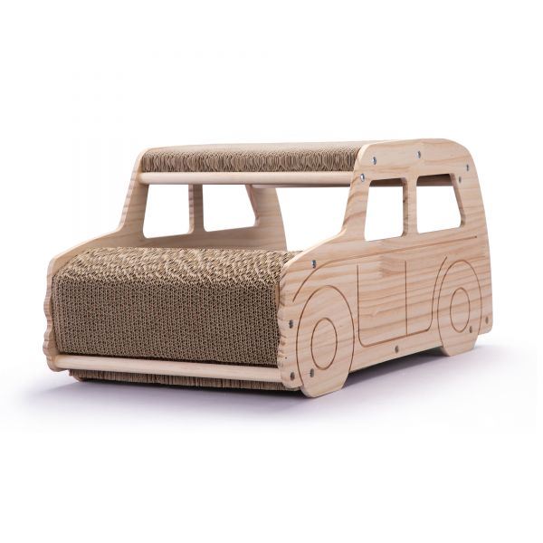 2-in-1 Wood Corrugate Cat Scratcher, Cardboard Cat House, Reversible Car-Shaped Scratch Furniture Protector
