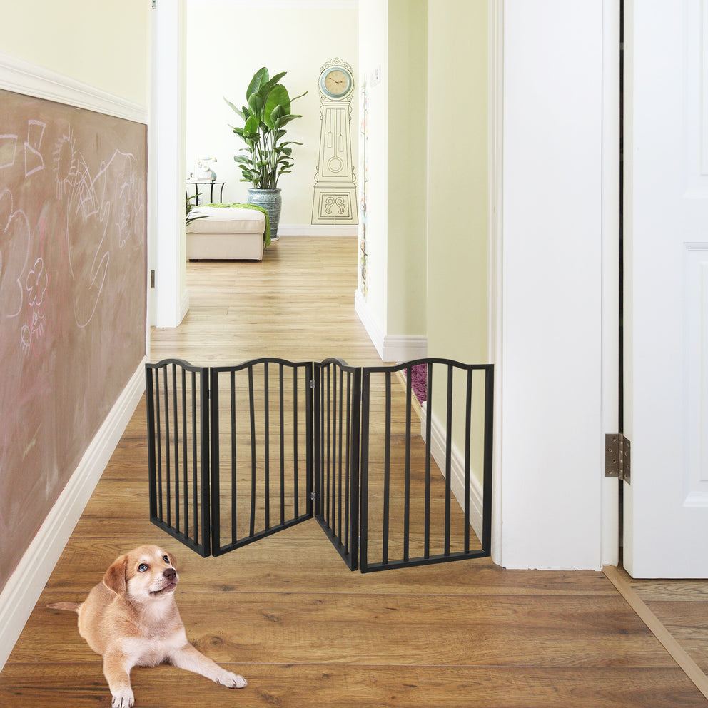 Barrière pour animaux de compagnie - Barrière pour chiens pour portes, escaliers ou maison - Autoportante, pliante, marron foncé, arc en bois