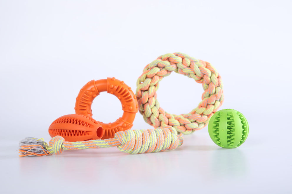 Pet 4 Pcs Toys Kit Durable Rope Rubber Ball Fetch Tug Chew Dog Pet Toy Set