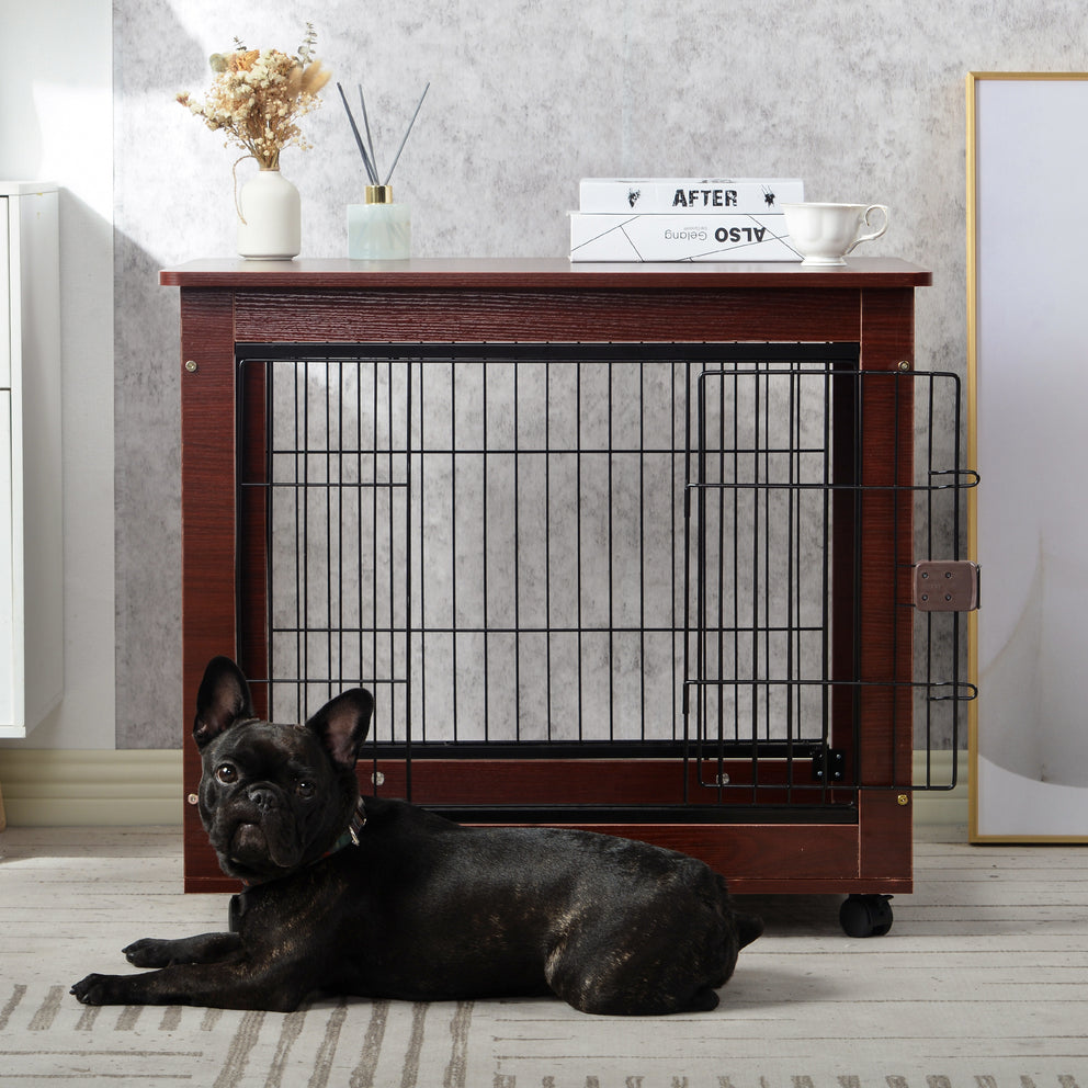 31' Länge Möbel Stil Haustier Hundekäfig Käfig Beistelltisch mit Holzstruktur und Eisendraht und abschließbaren Caters, mittlere Hundehütte für den Innenbereich.