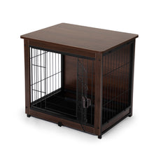 Charger l&#39;image dans la galerie, Cage pour chien d&#39;intérieur, table d&#39;appoint latérale de canapé, cage en bois pour animaux de compagnie à 2 niveaux avec plateau amovible, noyer

