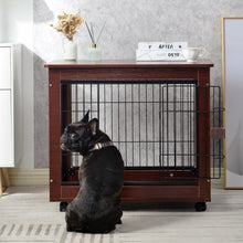 Lade das Bild in den Galerie-Viewer, 31&#39; Länge Möbel Stil Haustier Hundekäfig Käfig Beistelltisch mit Holzstruktur und Eisendraht und abschließbaren Caters, mittlere Hundehütte für den Innenbereich.
