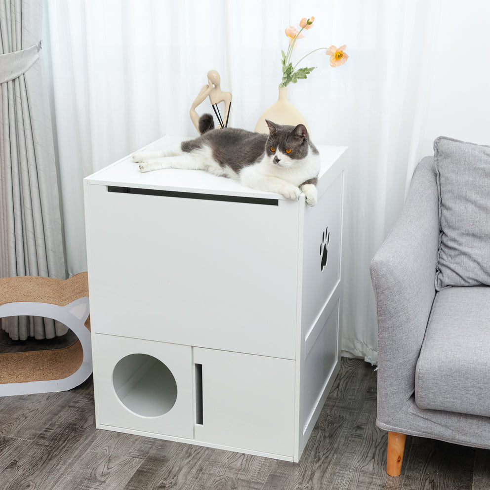 Grand bac à litière en bois pour chat avec plateforme de saut et tiroir en tissu ; Meubles de salle de bain pour chat cachés à l'intérieur ; Blanc