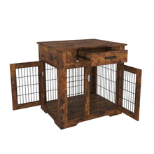 Cargar imagen en el visor de la galería, Furniture Style Dog Crate End Table with Drawer;  Pet Kennels with Double Doors;  Dog House Indoor Use; Rustic brown.
