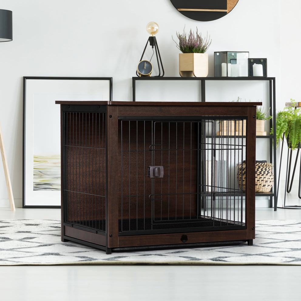 Indoor Dog Crate, Sofa Side End Table, 2-Tier Wooden Pet Cage with Removable Tray, Walnut