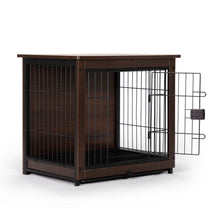 Charger l&#39;image dans la galerie, Cage pour chien d&#39;intérieur, table d&#39;appoint latérale de canapé, cage en bois pour animaux de compagnie à 2 niveaux avec plateau amovible, noyer
